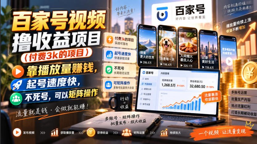 百家号视频撸收益项目（付费3k的项目），靠播放量賺钱，起号速度快，不死号，可以矩阵操作-来友网创