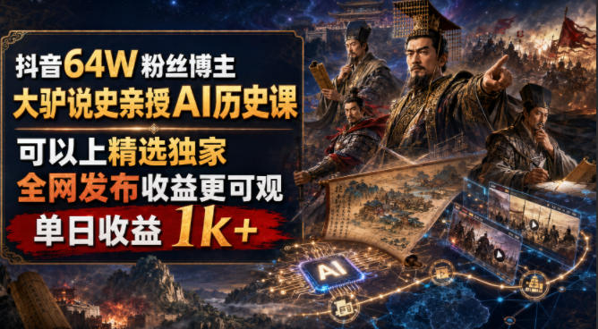 抖音64W粉丝博主大驴说史亲授AI历史课，可以上精选独家，全网发布收益更可观，单日收益1k+（更新）-来友网创