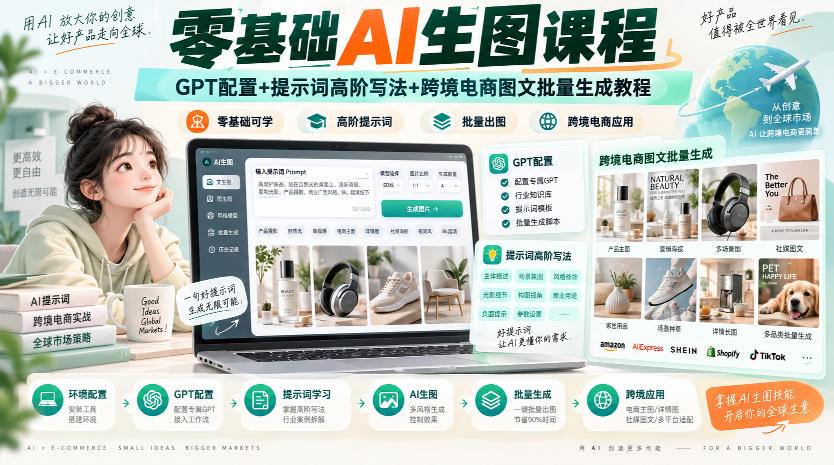 零基础AI生图课程，GPT配置+提示词高阶写法+跨境电商图文批量生成教程-来友网创