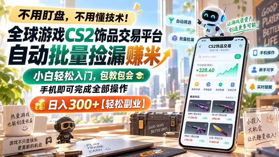 （20454期）全球游戏CS2饰品交易平台自动批量捡漏赚米，小白轻松入门，包教包会，手机即可完成全部操作，日入300+【轻松副业】-来友网创