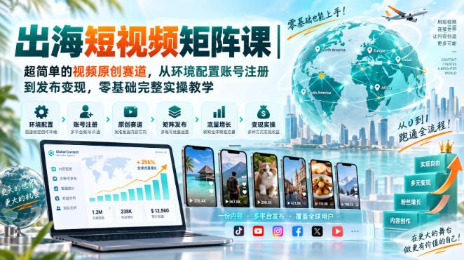 出海短视频矩阵课｜超简单的视频原创赛道，从环境配置账号注册到发布变现，零基础完整实操教学-来友网创