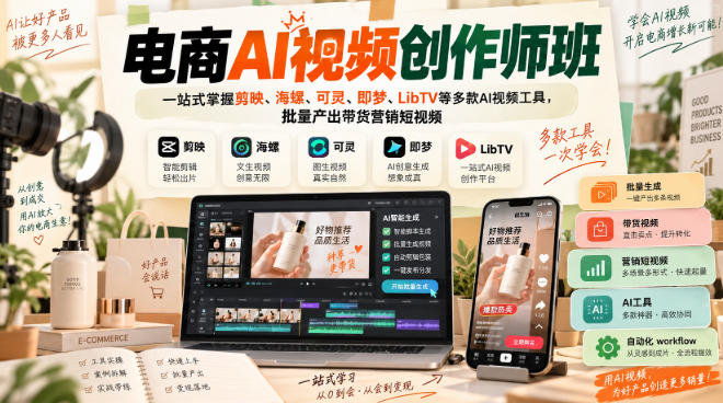 电商AI视频创作师班，一站式掌握剪映、海螺、可灵、即梦、LibTV等多款AI视频工具，批量产出带货营销短视频-来友网创