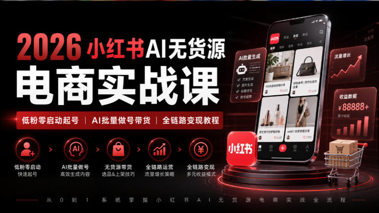2026小红书AI无货源电商实战课｜低粉零启动起号｜AI批量做号带货全链路变现教程-来友网创