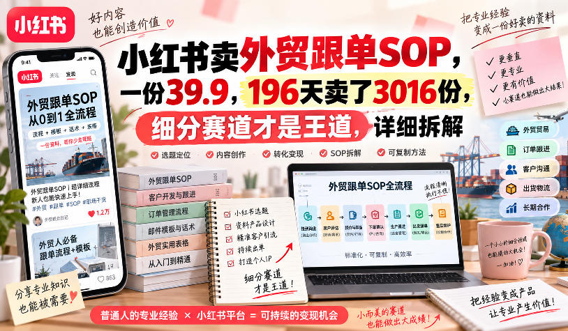 小红书卖外贸跟单sop，一份39.9，196天卖了3016份，细分赛道才是王道，详细拆解-来友网创