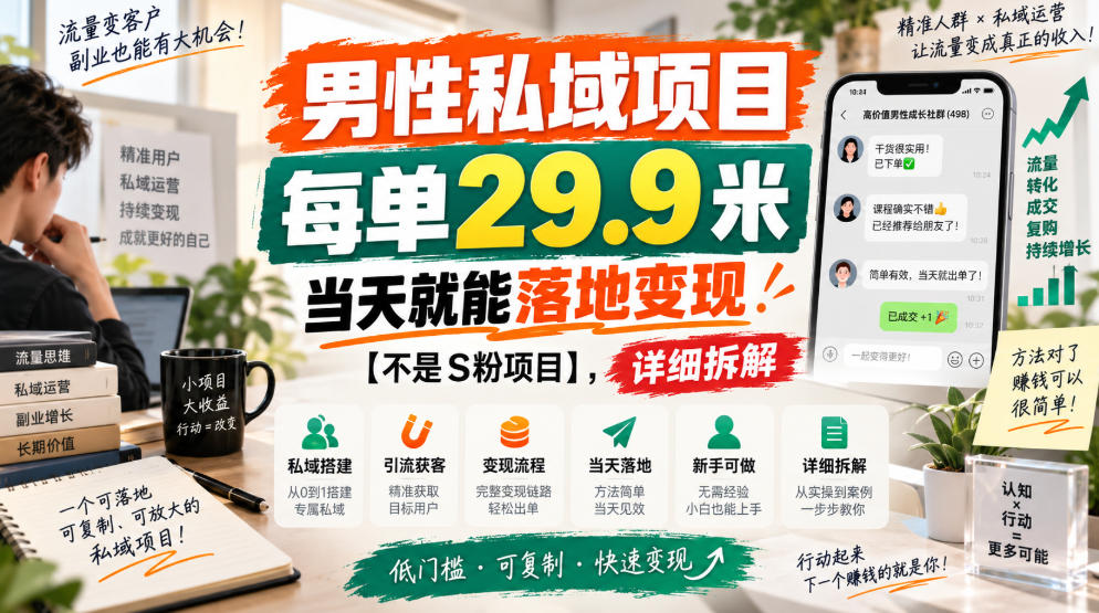 男性私域项目，每单29.9米，当天就能落地变现【不是S粉项目】，详细拆解-来友网创