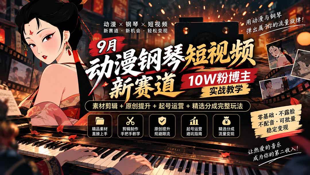 （20506期）9月动漫钢琴短视频新赛道｜10W粉博主实战教学，素材剪辑+原创提升+起号运营+精选分成完整玩法-来友网创