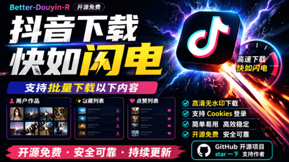 超级好用！抖音视频下载神器，支持批量下载用户作品收藏列表和点赞列表，开源完全免费Better-douyin-R-来友网创
