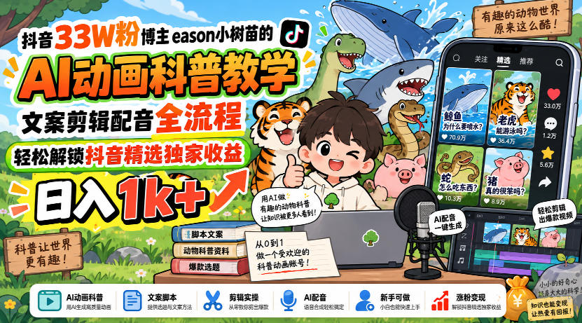 抖音33W粉博主eason小树苗的AI动画科普教学，文案剪辑配音全流程，轻松解锁抖音精选独家收益，日入1k+-来友网创