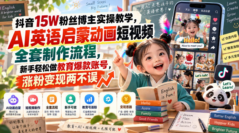 抖音15W粉丝博主实操教学，AI英语启蒙动画短视频全套制作流程，新手轻松做教育爆款账号，涨粉变现两不误-来友网创