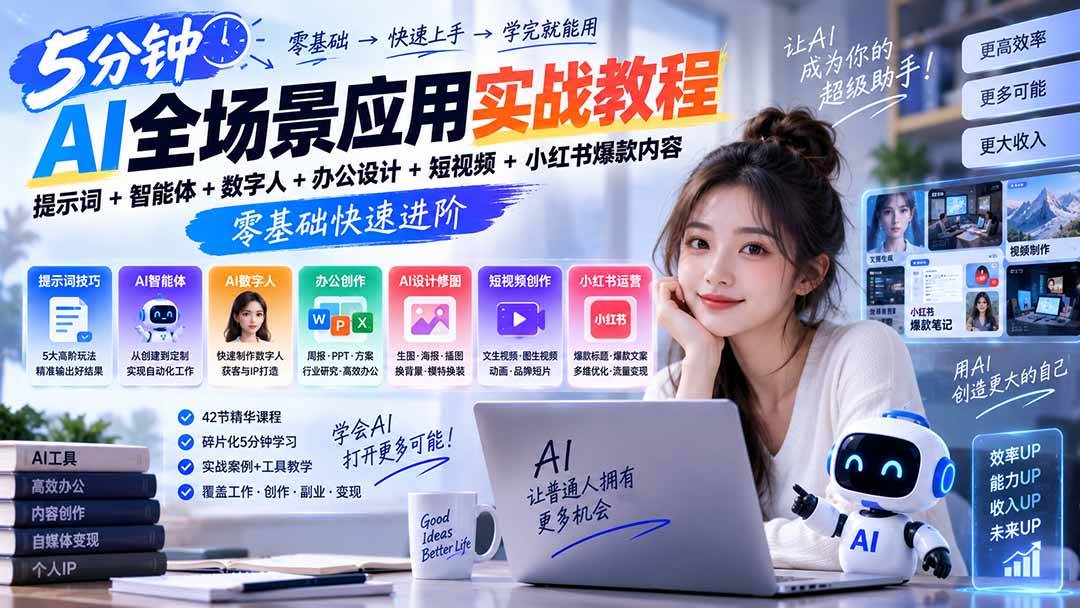 （20493期）AI全场景应用实战教程｜提示词+智能体+数字人+办公设计+短视频+小红书爆款内容，零基础快速进阶-来友网创