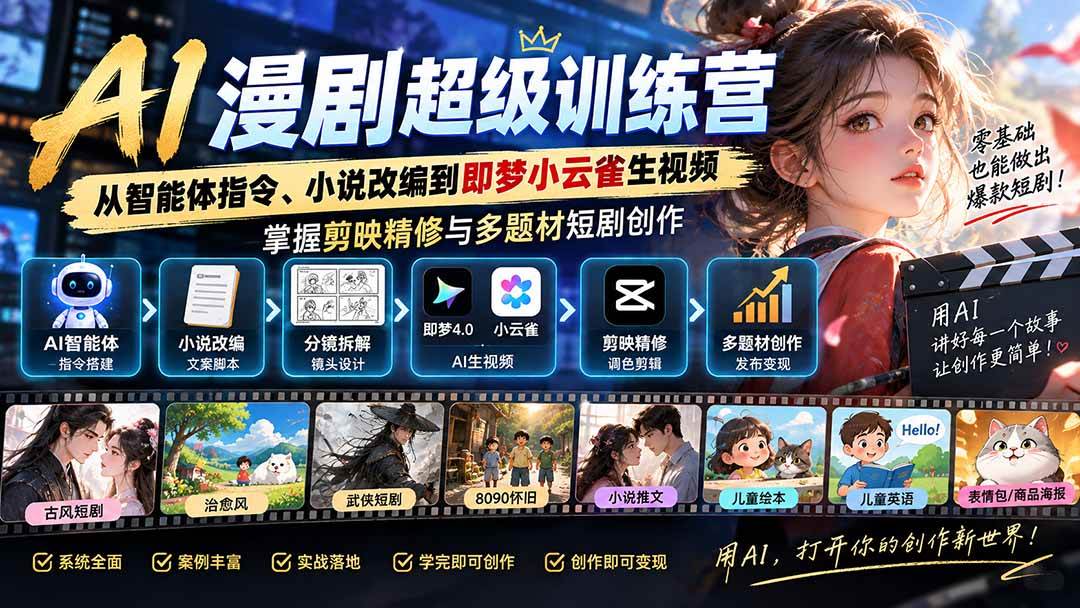 （20491期）AI漫剧超级特训营：从智能体指令、小说改编到即梦小云雀生视频，掌握剪映精修与多题材短剧创作-来友网创