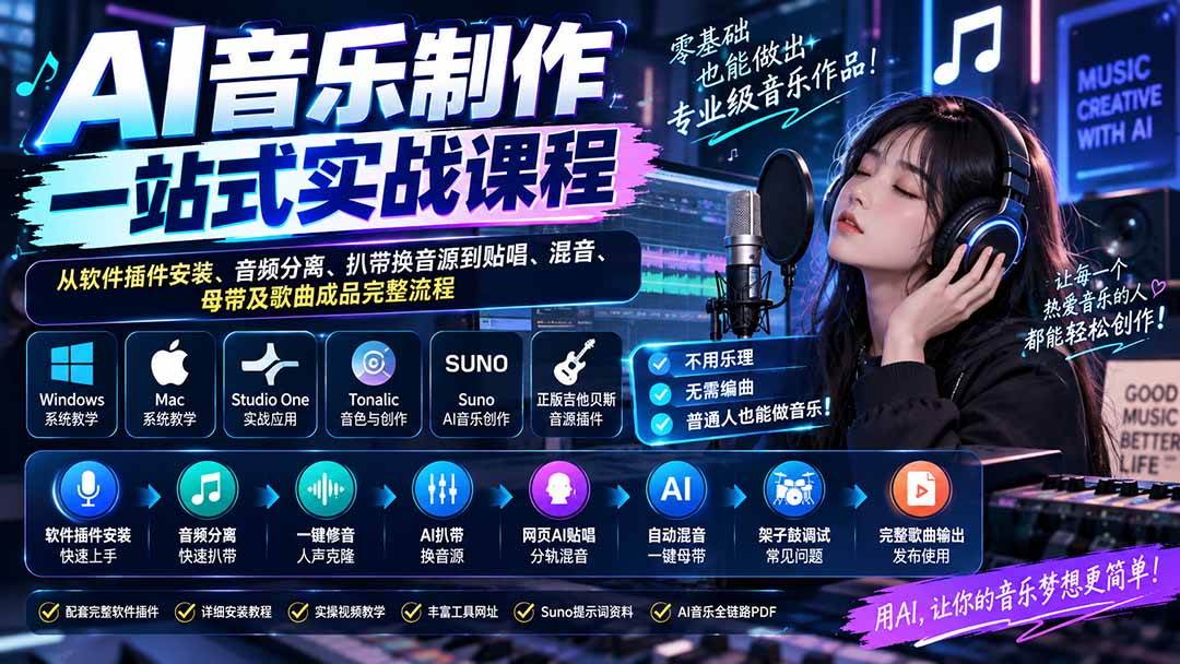 （20490期）AI音乐制作一站式实战课程：从软件插件安装、音频分离、扒带换音源到贴唱、混音、母带及歌曲成品完整流程-来友网创