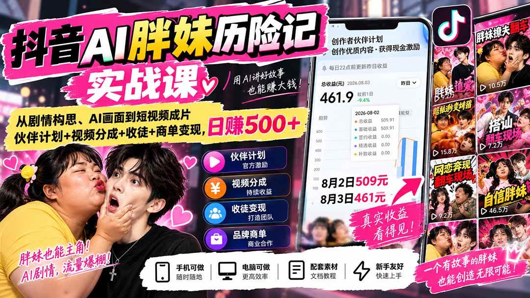 （20489期）抖音AI胖妹历险记实战课：从剧情构思、AI画面到短视频成片，伙伴计划+视频分成+收徒+商单变现，日赚500+-来友网创