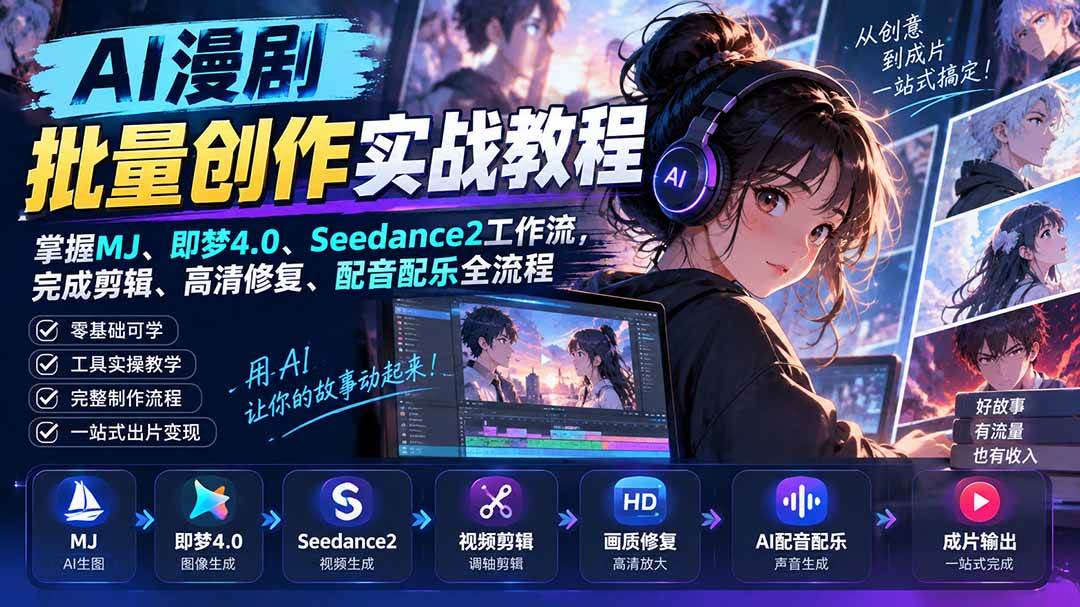 （20488期）AI漫剧批量创作实战教程：掌握MJ、即梦4.0、Seedance2工作流，完成剪辑、高清修复、配音配乐全流程-来友网创