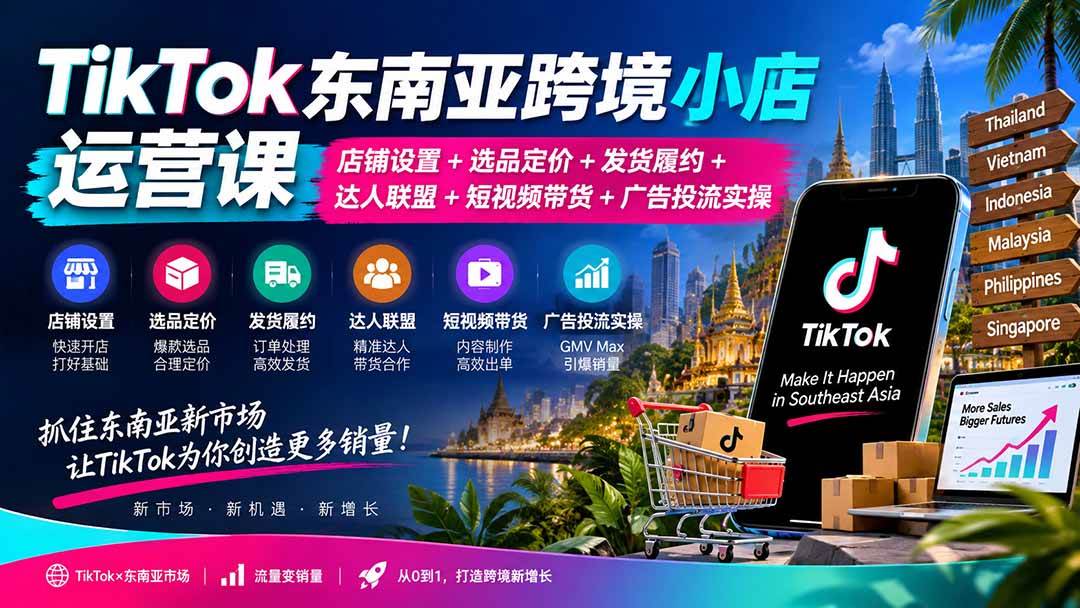（20483期）TikTok东南亚跨境小店运营课：店铺设置+选品定价+发货履约+达人联盟+短视频带货+广告投流实操-来友网创
