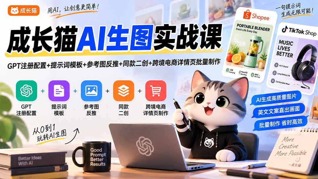 （20482期）成长猫AI生图实战课｜GPT注册配置+提示词模板+参考图反推+同款二创+跨境电商详情页批量制作-来友网创
