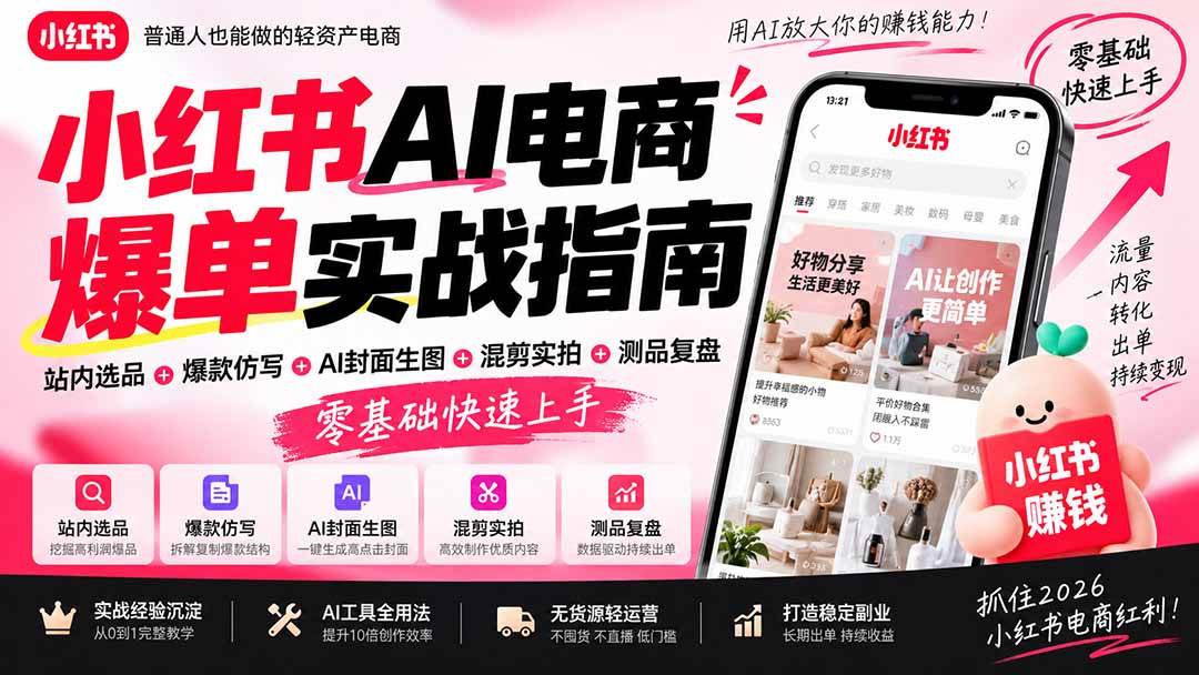 （20516期）2026小红书AI电商爆单实战指南：站内选品+爆款仿写+AI封面生图+混剪实拍+测品复盘，零基础快速上手-来友网创