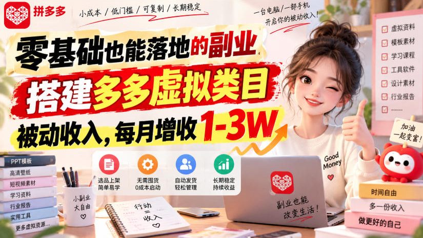 零基础也能落地的副业，搭建多多虚拟类目被动收入，每月增收1-3W【揭秘】-来友网创