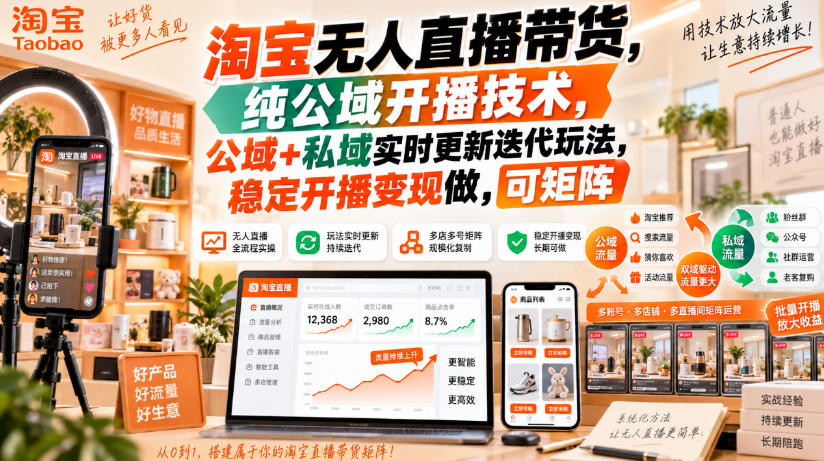 淘宝无人直播带货，纯公域开播技术，公域+私域实时更新迭代玩法，稳定开播变现做，可矩阵【揭秘】-来友网创