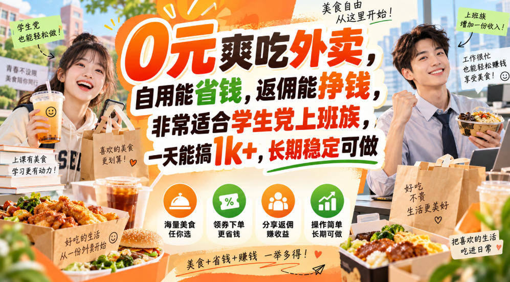 0元爽吃外卖，自用能省钱，返佣能挣钱，非常适合学生党上班族，一天能搞1k+，长期稳定可做-来友网创