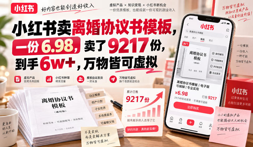 小红书卖离婚协议书模板，一份6.98，卖了9217份，到手6w+，万物皆可虚拟-来友网创