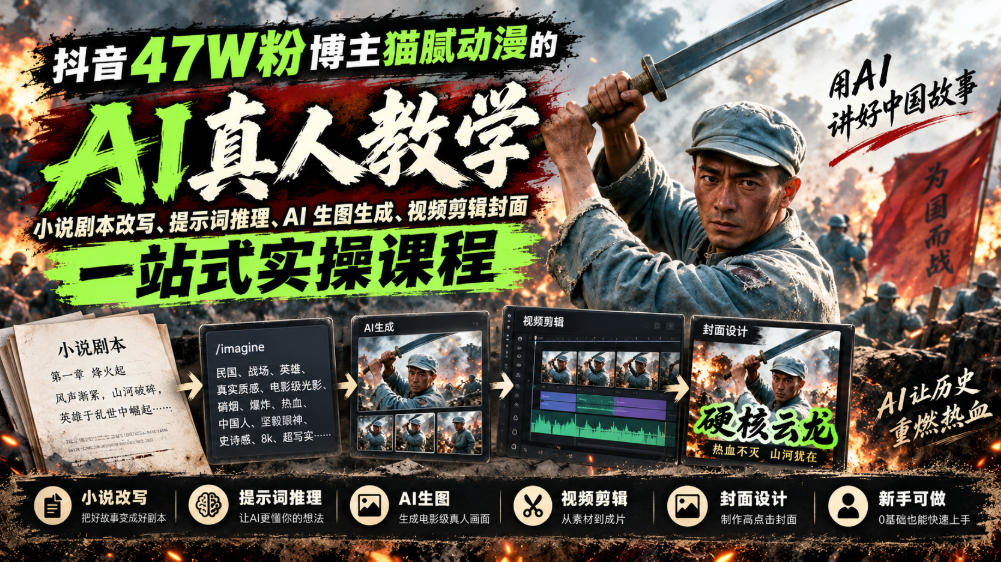 抖音47W粉博主猫腻动漫的AI真人漫剧教学，小说剧本改写、提示词推理、AI生图生成、视频剪辑封面一站式实操课程-来友网创