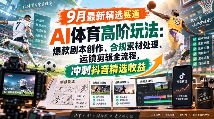 某大佬的9月最新精选赛道之AI体育顶级玩法，爆款剧本创作、版权规避、运镜剪辑全流程，稳拿抖音精选收益-来友网创