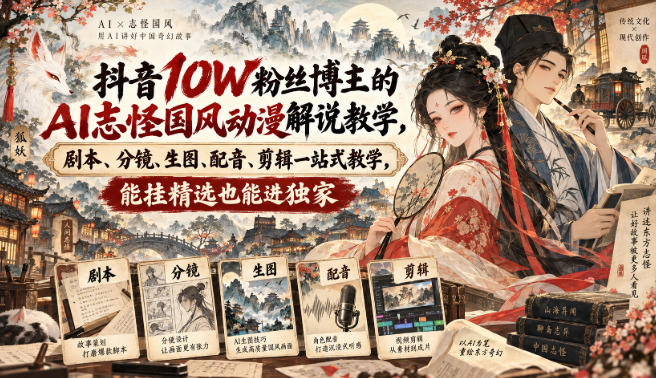 抖音10W粉丝博主的AI志怪国风动漫解说教学，剧本、分镜、生图、配音、剪辑一站式教学，能挂精选也能进独家​-来友网创