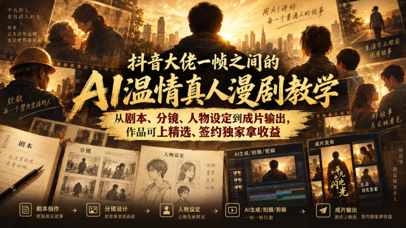 抖音大佬一帧之间的AI温情真人漫剧教学，从剧本、分镜、人物设定到成片输出，作品可上精选、签约独家拿收益-来友网创