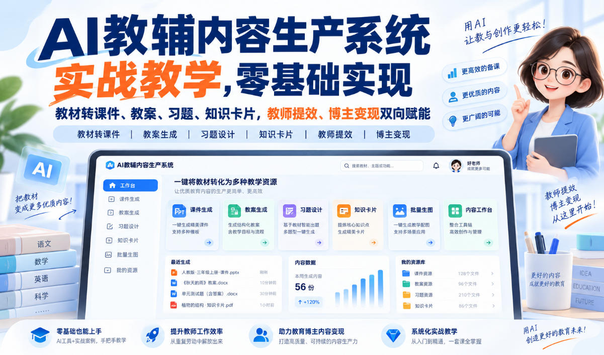 AI教辅内容生产系统实战教学，零基础实现教材转课件、教案、习题、知识卡片，教师提效、博主变现双向赋能-来友网创