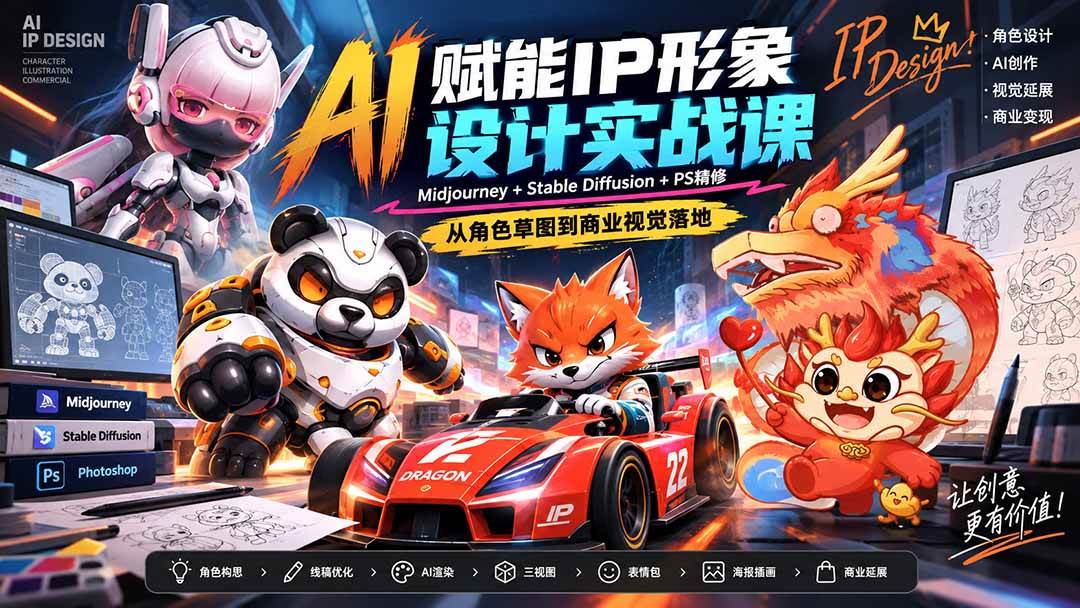 （20552期）AI赋能IP形象设计实战课-无水印：Midjourney+Stable Diffusion+PS精修，从角色草图到商业视觉落地-来友网创