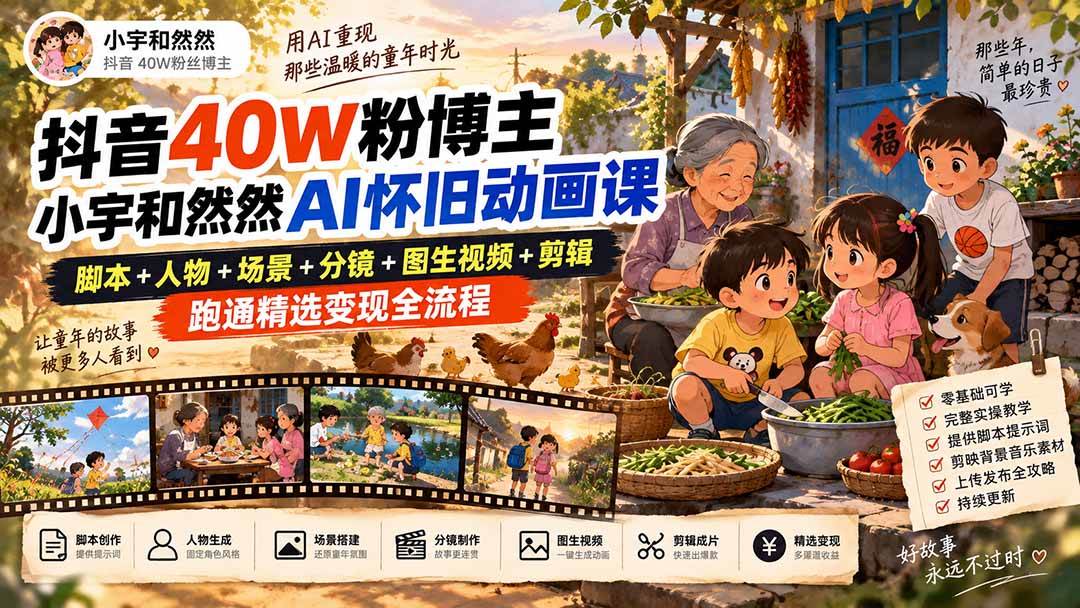 （20549期）抖音40W粉博主小宇和然然AI怀旧动画课｜脚本+人物+场景+分镜+图生视频+剪辑，跑通精选变现全流程-来友网创