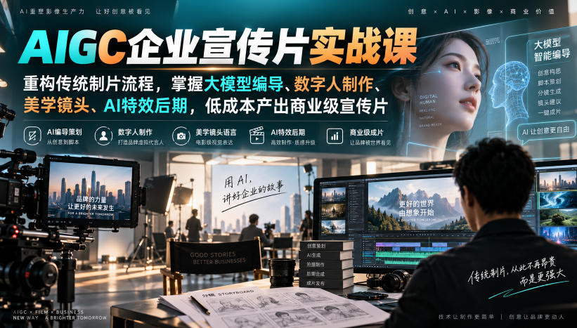 AIGC企业宣传片实战课，重构传统制片流程，掌握大模型编导、数字人制作、美学镜头、AI特效后期，低成本产出商业级宣传片-来友网创