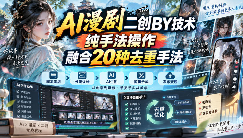 AI漫剧二创搬运技术，纯手法操作，融合20种去重手法-来友网创