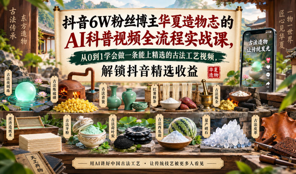抖音6W粉丝博主华夏造物志的AI科普视频全流程实战课，从0到1学会做一条能上精选的古法工艺视频，解锁抖音精选收益-来友网创