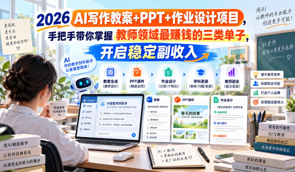 2026 AI写作教案+PPT+作业设计项目，手把手带你掌握教师领域最賺钱的三类单子，开启稳定副收入-来友网创