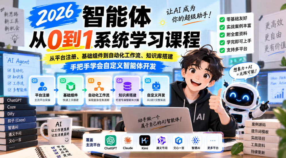 2026智能体从0到1系统学习课程，从平台注册、基础组件到自动化工作流、知识库搭建，手把手学会自定义智能体开发-来友网创