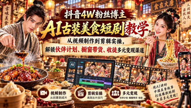 抖音4W粉丝博主AI古装美食短剧教学，从视频制作到剪辑实操，解锁伙伴计划、橱窗带货、收徒多元变现渠道-来友网创
