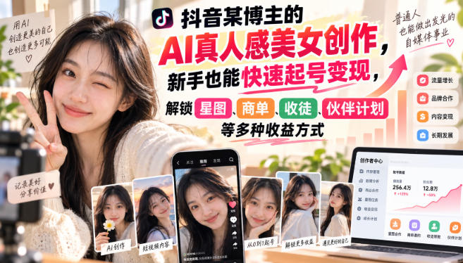 抖音某博主的AI真人感美女创作，新手也能快速起号变现，解锁星图，商单，收徒，伙伴计划等多种收益方式-来友网创