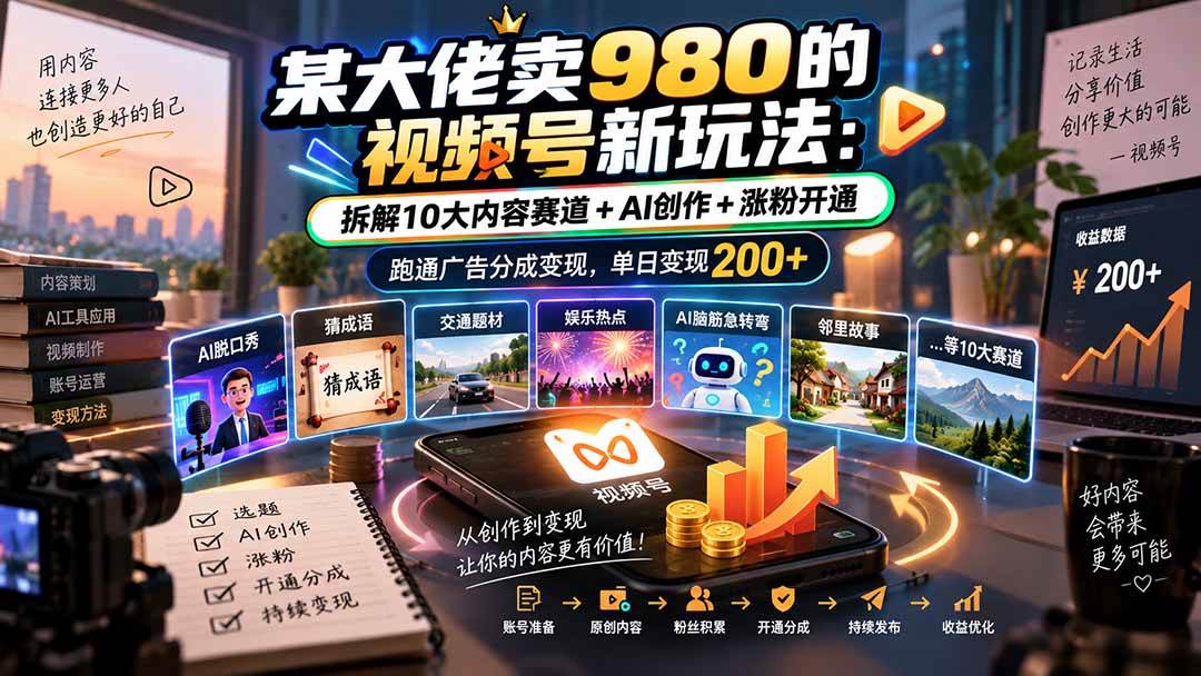 （20573期）某大佬卖980的视频号新玩法：拆解10大内容赛道+AI创作+涨粉开通，跑通广告分成变现，单日变现200+-来友网创