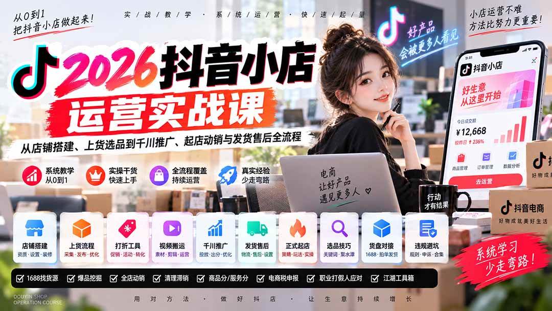 （20568期）2026抖音小店运营实战课｜从店铺搭建、上货选品到千川推广、起店动销与发货售后全流程-来友网创
