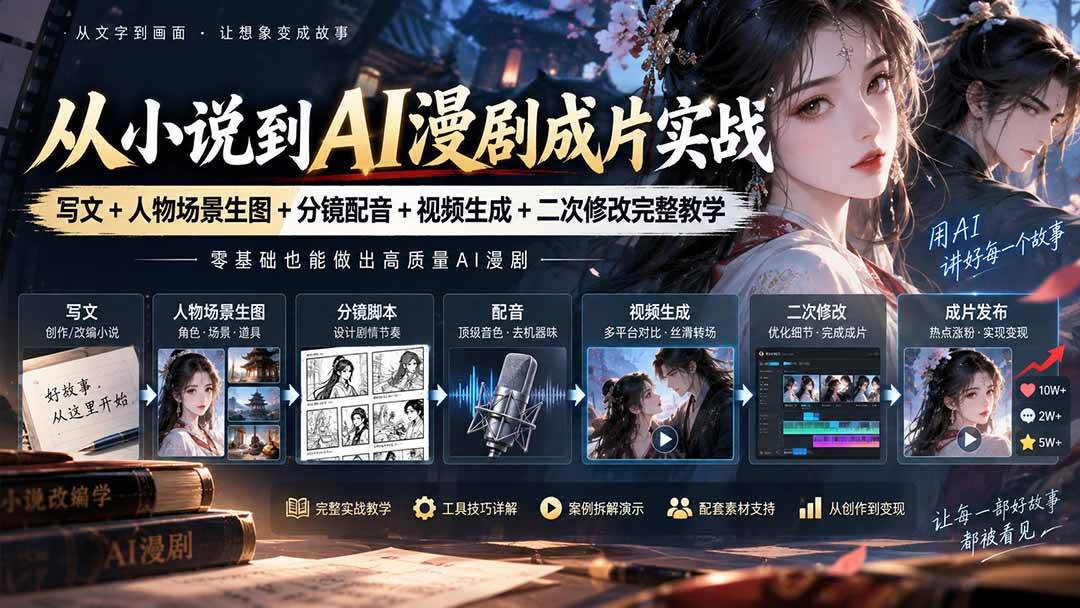 （20577期）从小说到AI漫剧成片实战：写文+人物场景生图+分镜配音+视频生成+二次修改完整教学-来友网创