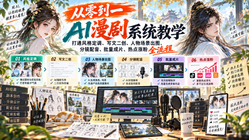从零到一AI漫剧系统教学，打通风格定调、写文二创、人物场景出图、分镜配音、批量成片、热点涨粉全流程-来友网创