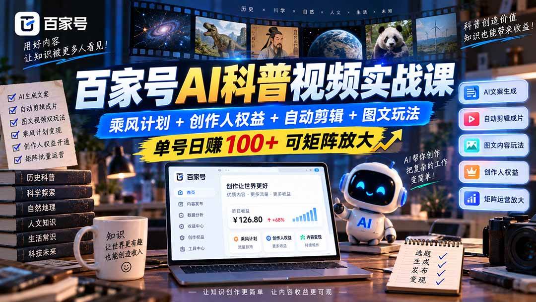 （20579期）百家号AI科普视频实战课：乘风计划+创作人权益+自动剪辑+图文玩法，单号日赚100+可矩阵放大-来友网创