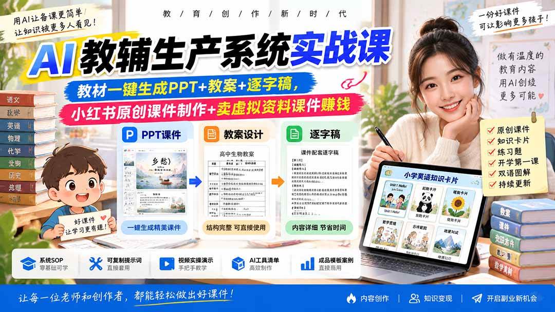 （20583期）AI教辅生产系统实战课-更新0922｜教材一键生成PPT+教案+逐字稿，小红书原创课件制作+卖虚拟资料课件赚钱-来友网创