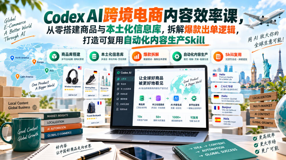 Codex AI跨境电商内容效率课，从零搭建商品与本土化信息库，拆解爆款出单逻辑，打造可复用自动化内容生产Skill-来友网创