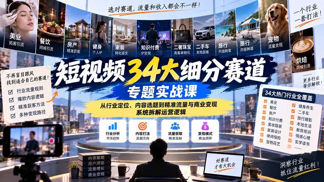 （20600期）短视频34大细分赛道专题实战课：从行业定位、内容选题到精准流量与商业变现，系统拆解运营逻辑-来友网创
