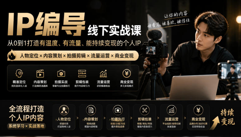 【无水印】IP编导线下实战课，从人物定位到短视频拍摄剪辑，全流程打造有温度、有流量、能持续变现的个人IP内容-来友网创