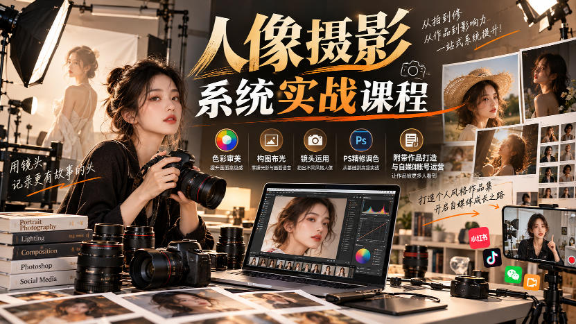【无水印】人像摄影系统实战课程，色彩审美、构图布光、镜头运用、PS精修调色，附带作品打造与自媒体账号运营-来友网创