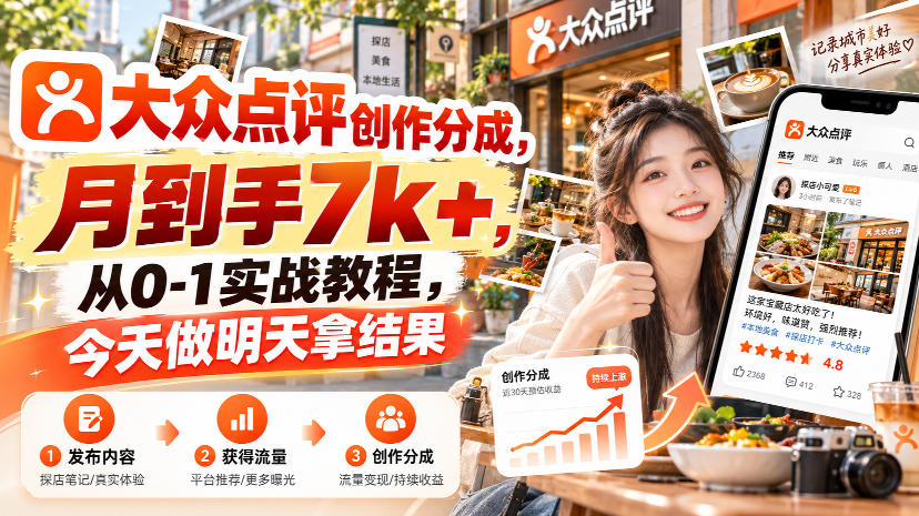 大众点评创作分成，月到手7k+，从0-1实战教程，今天做明天拿结果-来友网创